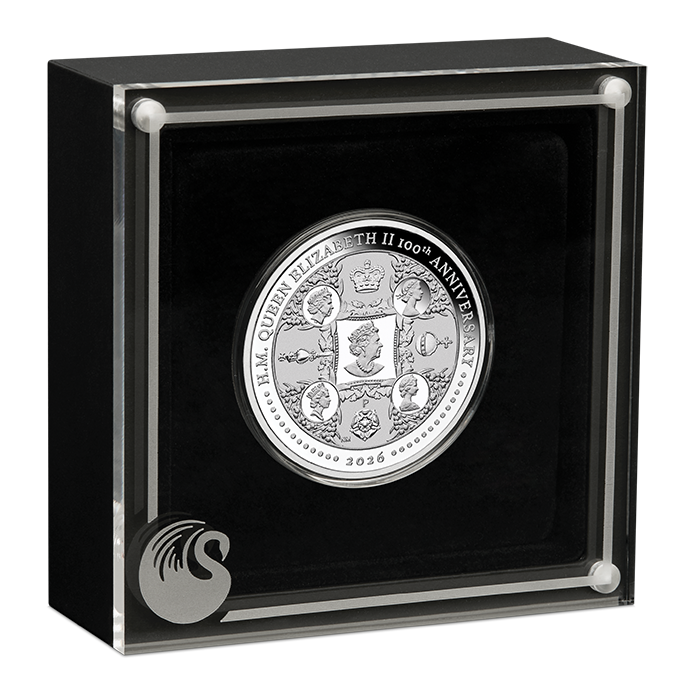 H.M. Queen Elizabeth II 100th Anniversary 1oz Silver Proof Perth Mint Presentation Case and COA