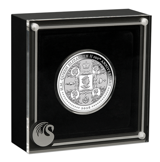 H.M. Queen Elizabeth II 100th Anniversary 1oz Silver Proof Perth Mint Presentation Case and COA